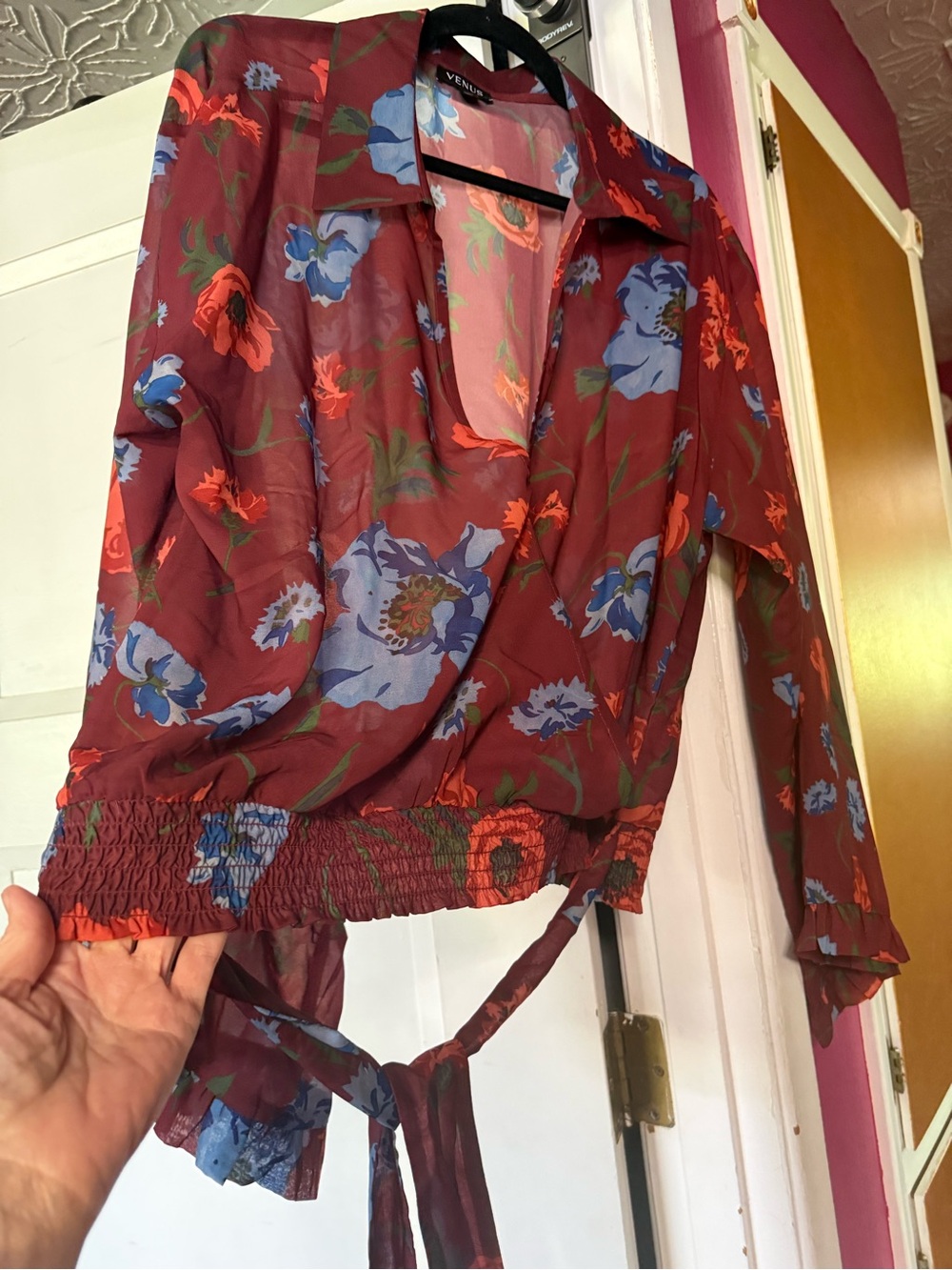 VENUS Maroon Floral Sheer Blouse with Blue and Green Accents - Picture 5 of 7